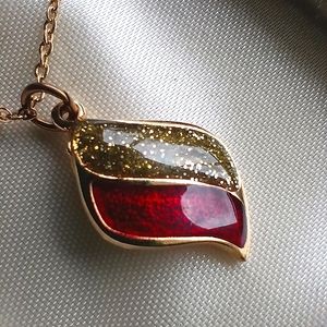 1980s Gold Diamond Dust and Red Enamel Necklace